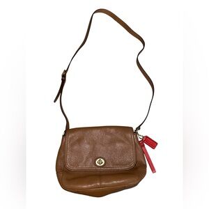 Coach Park Leather Flap Brown Crossbody Bag With Orange Interior